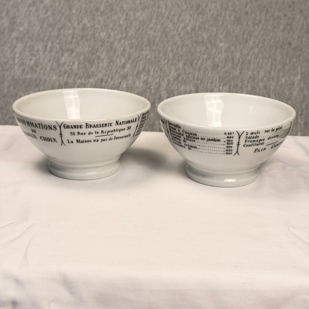 Pillivuyt France Brasserie Porcelain Cafe Au Lait 2 Bowl Set White Black Menu